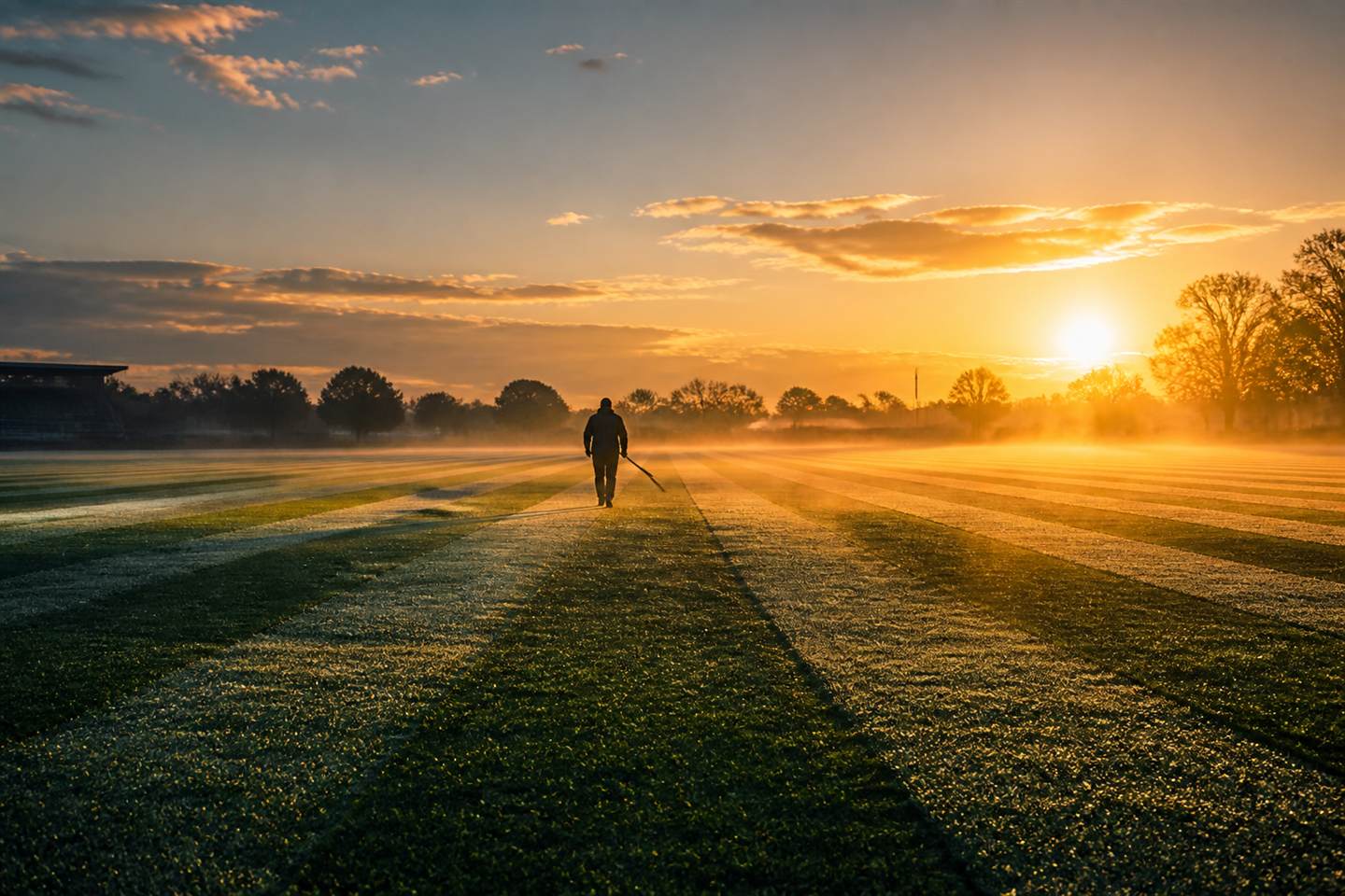 A groundskeeper walking away down fresh mowing stripes at sunrise, dew steaming off the field