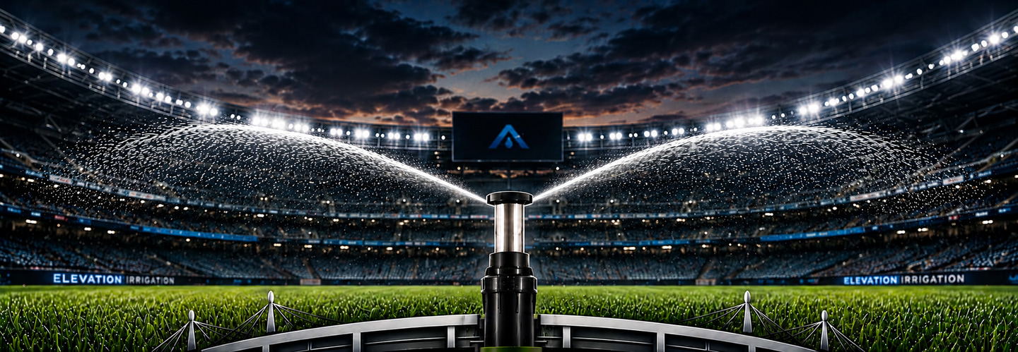 A raised rotary sprinkler standing at the center of a floodlit stadium field, throwing arcs of water to both sides