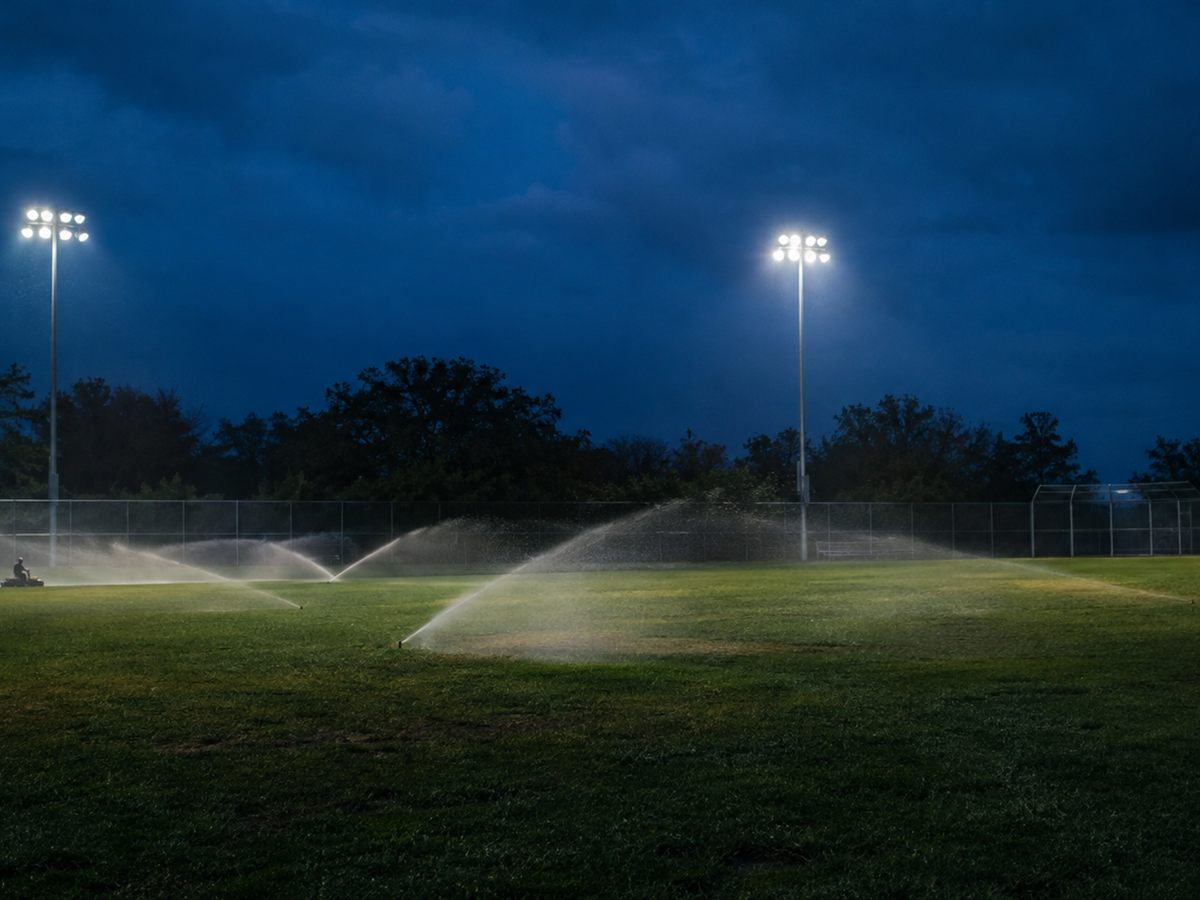 Public park ballfield at night, sprinklers running under two floodlight poles