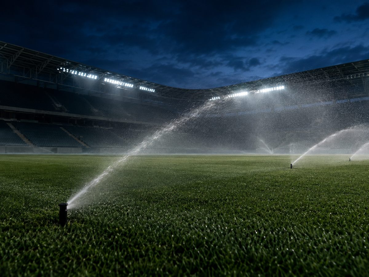 Empty professional stadium at night, rotors throwing water across the pitch