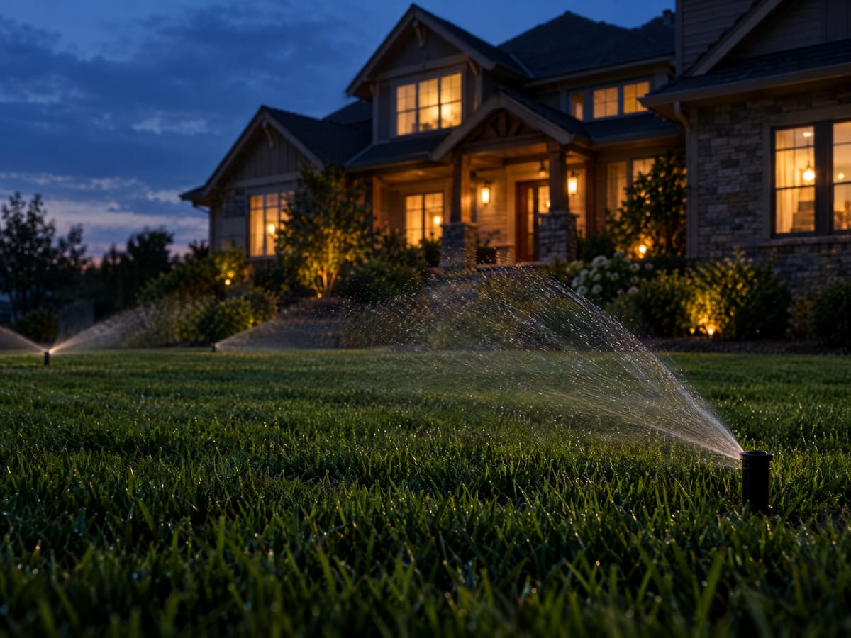 A home lawn with in-ground sprinklers running