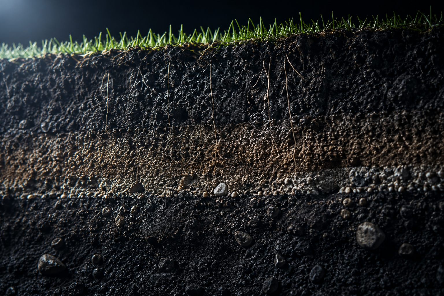 Cross-section of sports turf: a thin band of living grass above deep layered bands of sand and soil